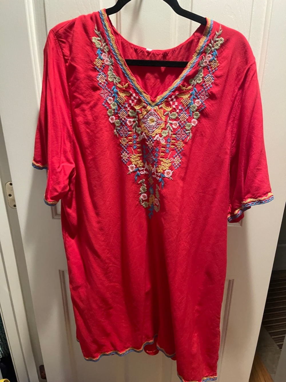 Red Embroidered V-Neck Tunic